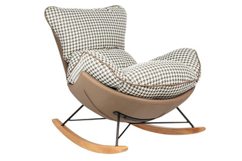 Fotel bujany OTILIA brązowa pepitka -  drewniane płozy, ekoskóra