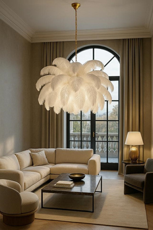 MOOSEE lampa wisząca TIFFANY 135 biała    mosiądz / naturalne pióra