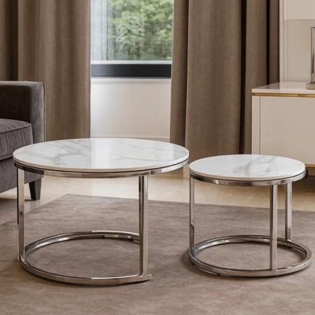 Zestaw Stolików AMARA Biały Marmur/Srebrny