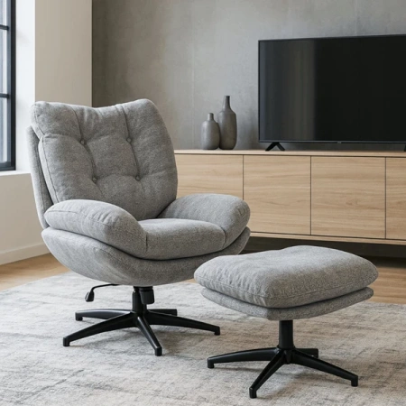 Fotel Wypoczynkowy Obrotowy FREMONT Z Podnóżkiem Szary