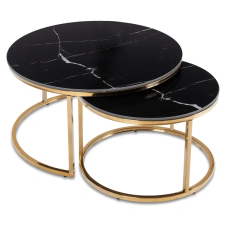 Zestaw Stolików Ceramicznych MILANO Czarny Marmur/Złoty