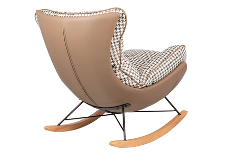 Fotel bujany OTILIA brązowa pepitka -  drewniane płozy, ekoskóra