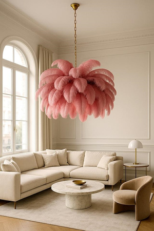 MOOSEE lampa wisząca TIFFANY 135 różowa   mosiądz / naturalne pióra