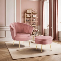 Fotel GRAND z Podnóżkiem Różowy Welurowy