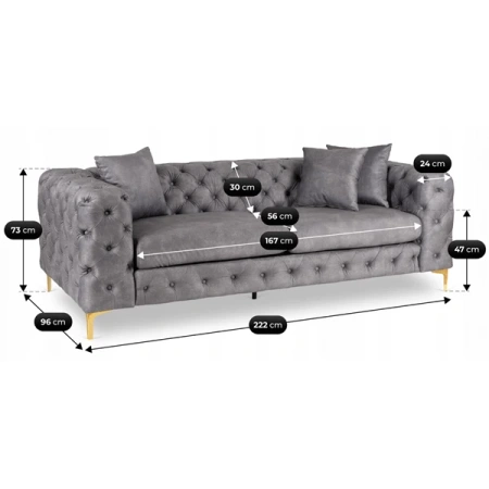 Sofa SORRENTO 3S Trzyosobowa Szara Welurowa