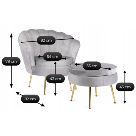 Fotel GRAND z Podnóżkiem Szary Welurowy