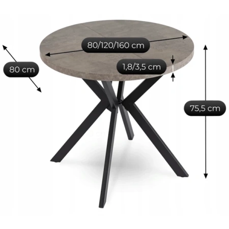 Stół DORIAN 80-160 cm Beton/Czarny