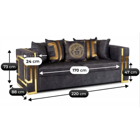 Sofa PALLAZO 3S Trzyosobowa Czarno/Złota