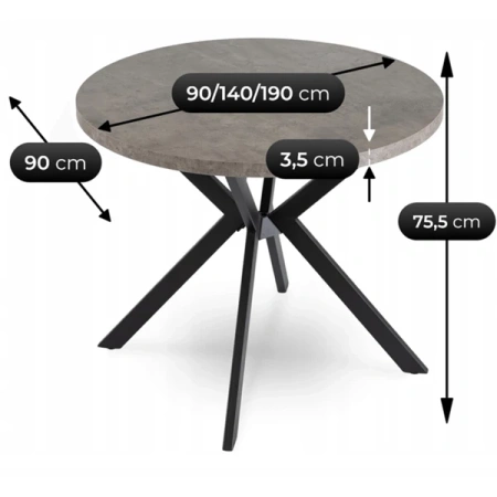 Stół LUGO 90-190 cm Beton/Czarny