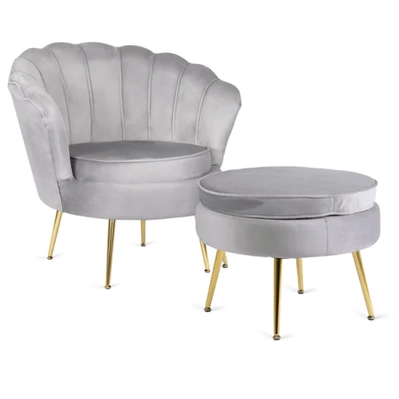 Fotel GRAND z Podnóżkiem Szary Welurowy