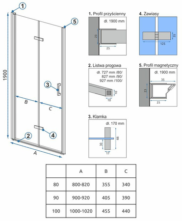 DRZWI PRYSZNICOWE MOLIER CHROM 80