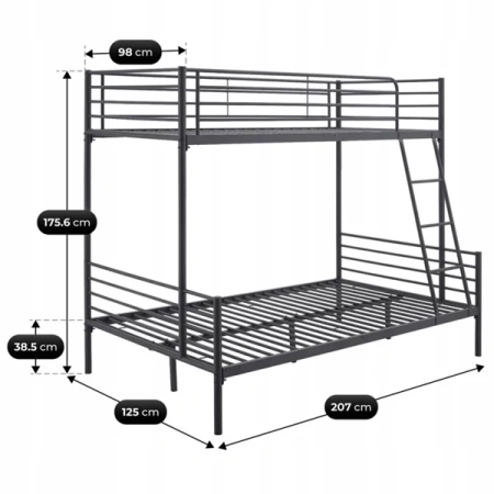 Łóżko Piętrowe Młodzieżowe 90x200 cm TRES Czarne 2w1
