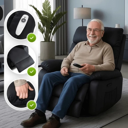 Fotel Masujący BRUCE Rozkładany Czarny Ekoskóra