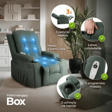 Fotel Masujący BOX Zielony Sztruksowy