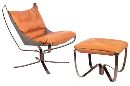 Fotel ARNI LOW z podnóżkiem pomarańczowy  - ekoskóra, miedz