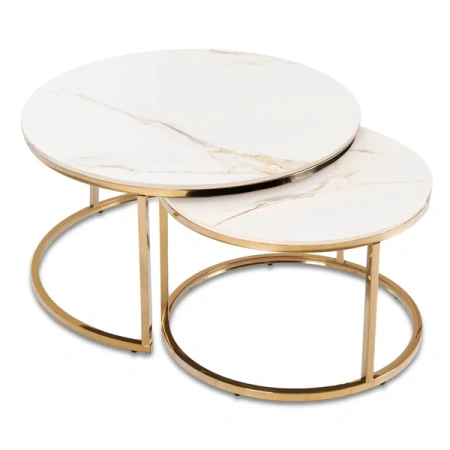 Zestaw Stolików Ceramicznych MILANO Biały Marmur/Złoty