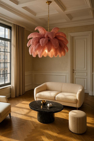 MOOSEE lampa wisząca TIFFANY 135 różowa   mosiądz / naturalne pióra