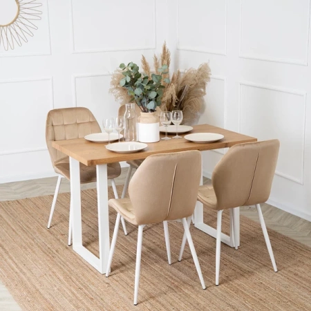 Krzesło LUCKY Beżowe z Białymi Nogami Welurowe