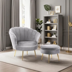 Fotel GRAND z Podnóżkiem Szary Welurowy