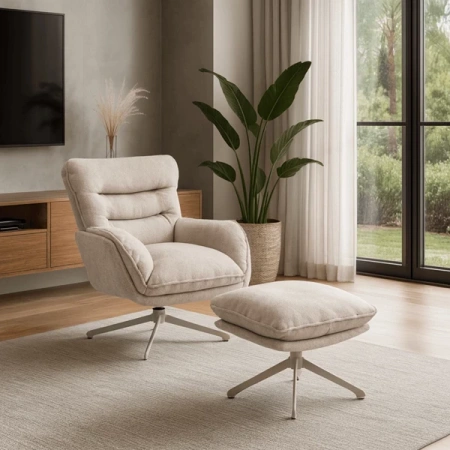 Fotel Wypoczynkowy Obrotowy PASADENA Z Podnóżkiem Kremowy