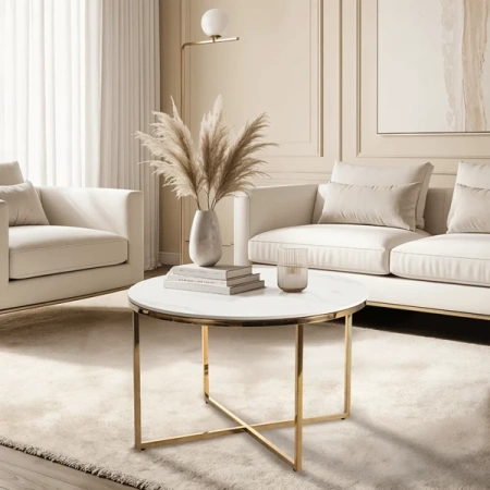 Stolik Ceramiczny MARINE Biały Marmur/Złoty