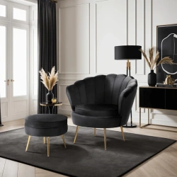Fotel GRAND z Podnóżkiem Czarny Welurowy