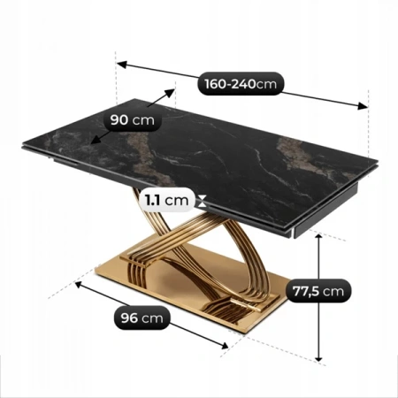 Stół Rozkładany IBIZA 160-240 cm Czarny Marmur/Złoty