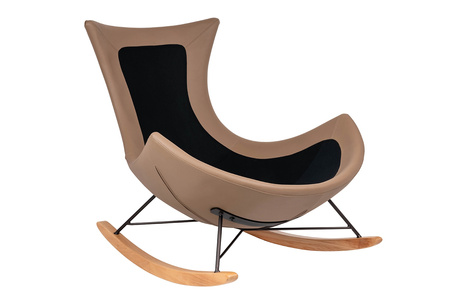 Fotel bujany OTILIA brązowa pepitka -  drewniane płozy, ekoskóra