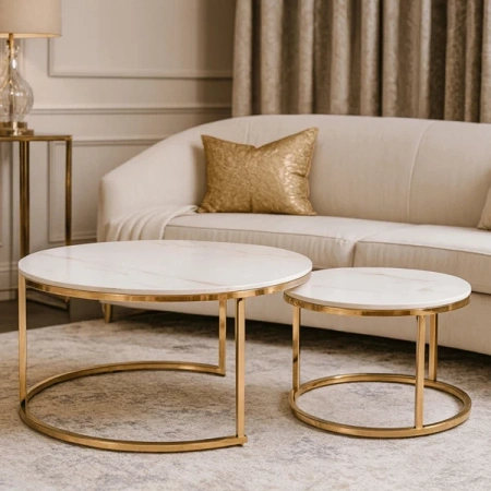 Zestaw Stolików Ceramicznych MILANO Biały Marmur/Złoty