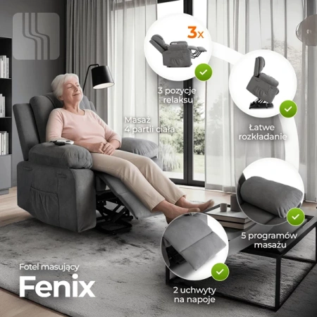 Fotel Masujący z Funkcją Wstawania FENIX Szary