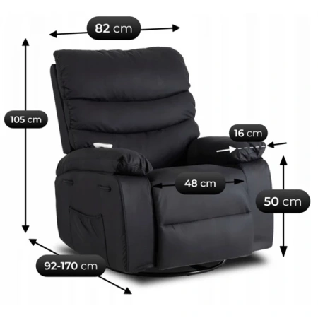 Fotel Masujący BRUCE Rozkładany Czarny Ekoskóra