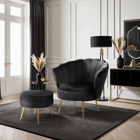 Fotel GRAND z Podnóżkiem Czarny Welurowy