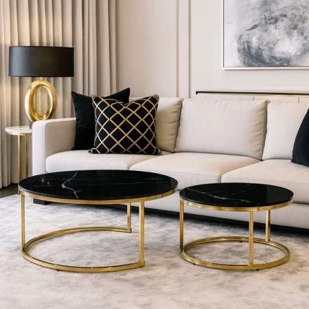 Zestaw Stolików Ceramicznych MILANO Czarny Marmur/Złoty