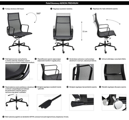 Fotel biurowy AERON PREMIUM czarny - siatka, aluminium