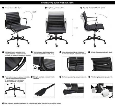 Fotel biurowy BODY PRESTIGE PLUS czarny - skóra naturalna, aluminium